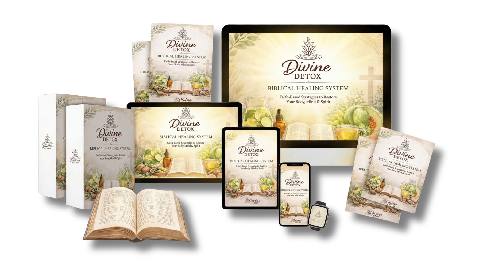 Divine Detox — full product suite across book, tablet, phone and desktop