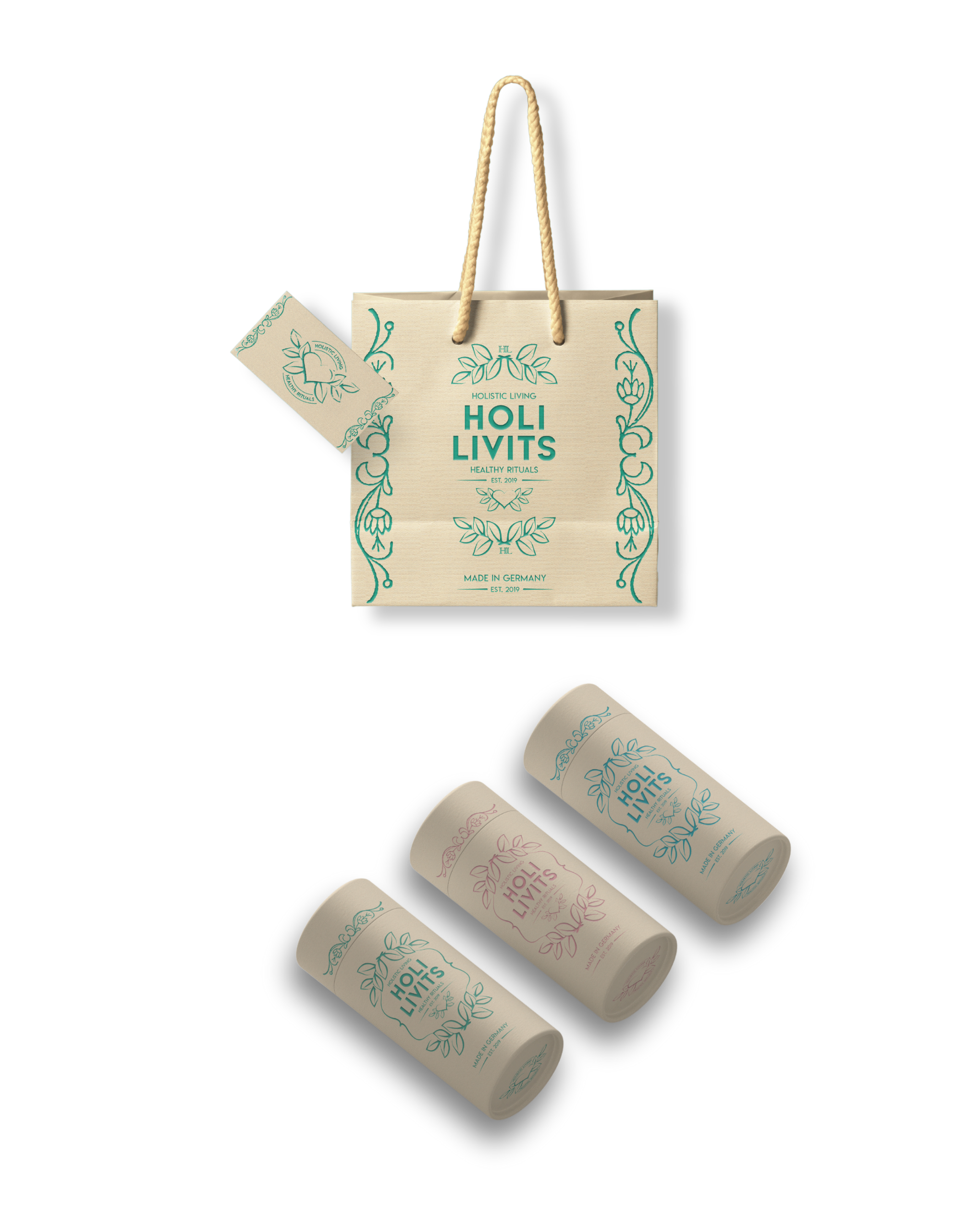 Holi Livits retail bag, swing tag and paper tube range with botanical line art