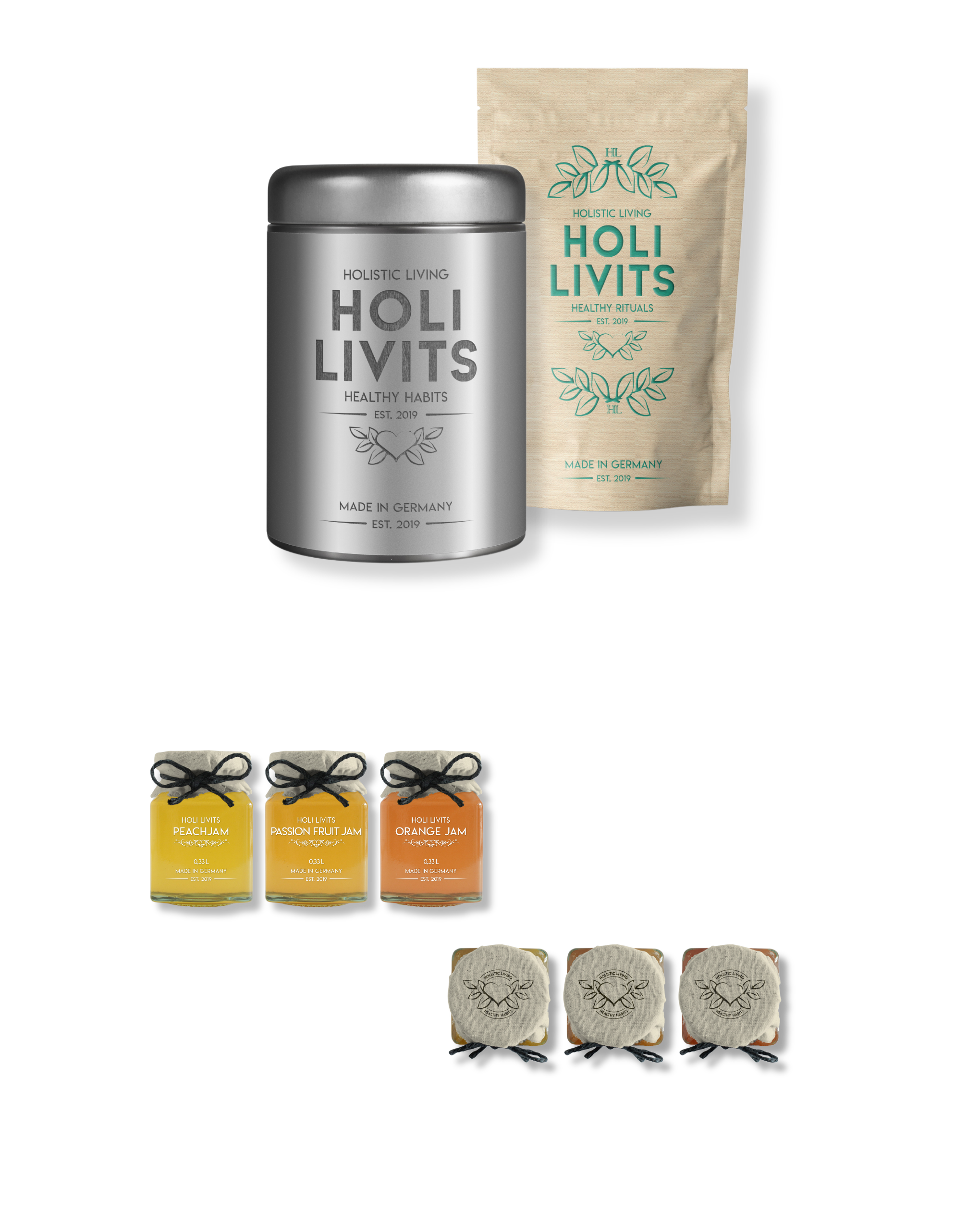 Holi Livits tin, pouch and a row of preserve jars with linen lids