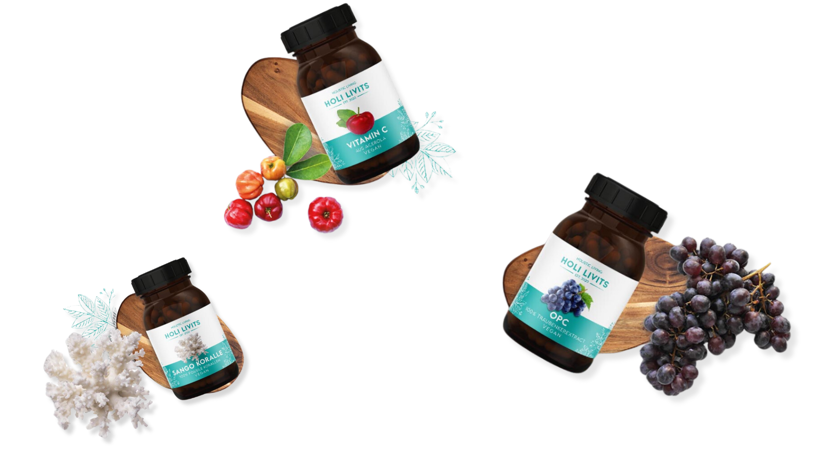Holi Livits supplement range — Vitamin C, Sango Coral and OPC bottles with source ingredients