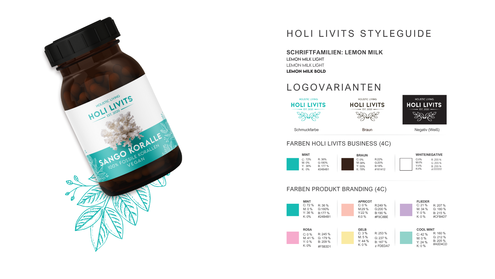 Holi Livits styleguide — logo variants and the mint, brown and product colour palette